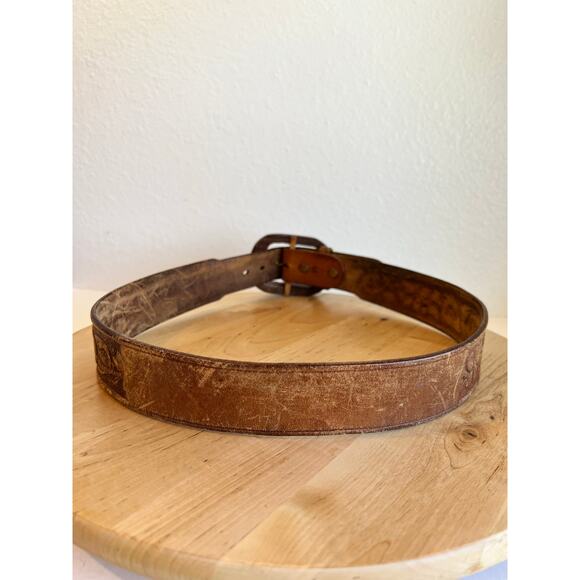 Vintage Brown Tooled Floral Western Wooden Carved Buckle Belt Size Medium main image 6